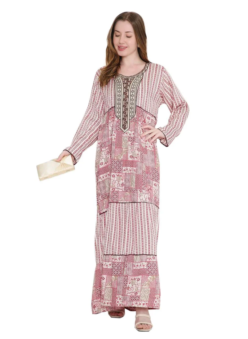 HANA & SARA long viscose printed farasha with unique thread embroidered arabic kaftan jalabiya dress