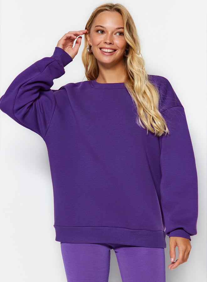 trendyol Purple Oversize/Comfortable fit Basic Crew Neck Thick/Polarized Knitted Sweatshirt TWOAW24SW00102. - Image 3