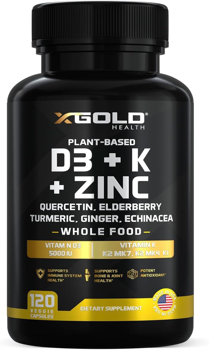 X Gold Health Vitamin D K2 K1 Zinc Quercetin Elderberry Turmeric Ginger  Echinacea Whole Food Supplement 8 in 1 D3 5000 IU PlantBased from Lichen Vitamin K K2 MK7 MK4 K1 D3 K2 Vitamins 120 Capsules - Image 1