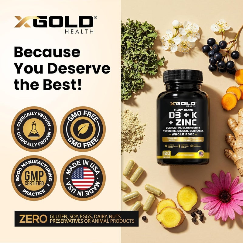 X Gold Health Vitamin D K2 K1 Zinc Quercetin Elderberry Turmeric Ginger  Echinacea Whole Food Supplement 8 in 1 D3 5000 IU PlantBased from Lichen Vitamin K K2 MK7 MK4 K1 D3 K2 Vitamins 120 Capsules - Image 5