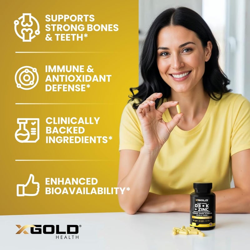 X Gold Health Vitamin D K2 K1 Zinc Quercetin Elderberry Turmeric Ginger  Echinacea Whole Food Supplement 8 in 1 D3 5000 IU PlantBased from Lichen Vitamin K K2 MK7 MK4 K1 D3 K2 Vitamins 120 Capsules - Image 4