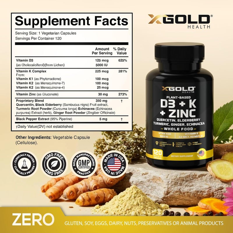 X Gold Health Vitamin D K2 K1 Zinc Quercetin Elderberry Turmeric Ginger  Echinacea Whole Food Supplement 8 in 1 D3 5000 IU PlantBased from Lichen Vitamin K K2 MK7 MK4 K1 D3 K2 Vitamins 120 Capsules - Image 2