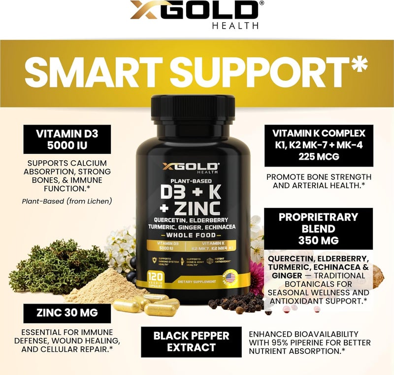 X Gold Health Vitamin D K2 K1 Zinc Quercetin Elderberry Turmeric Ginger  Echinacea Whole Food Supplement 8 in 1 D3 5000 IU PlantBased from Lichen Vitamin K K2 MK7 MK4 K1 D3 K2 Vitamins 120 Capsules - Image 3