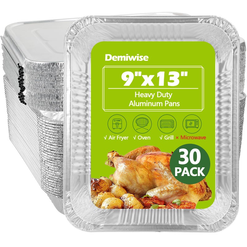 Demiwise Thickened 30 Pack Heavy Duty Aluminum Pans with Lids, 9x13 Aluminum Foil Pans Disposable, Half Size Steam Table Foil Baking Tray for Cooking, Baking, Roasting & Chafing, Carton Packaging - Image 1