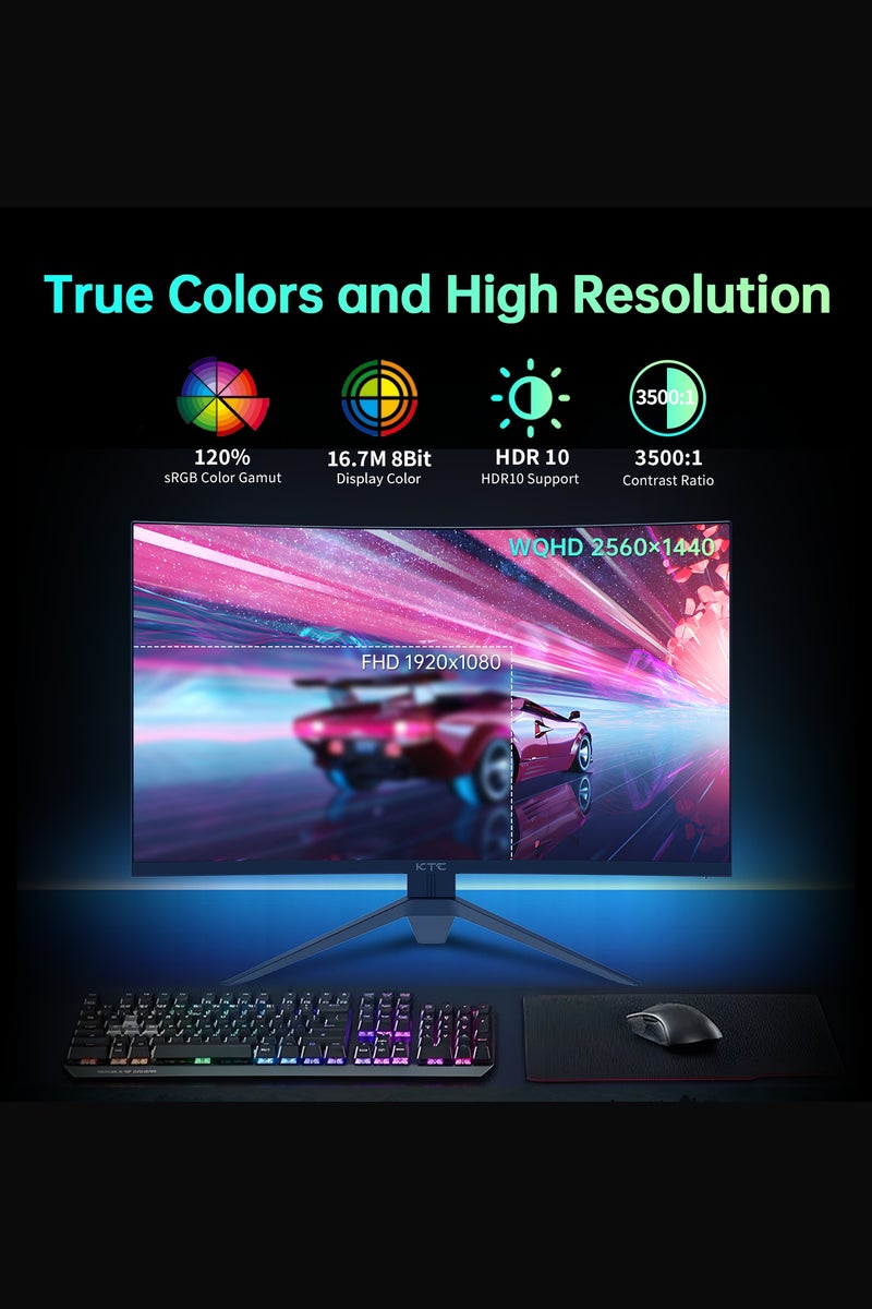 KTC 32 inch 180Hz Curved Gaming Monitor, QHD(2560x1440p) 1ms MPRT, 2K Computer Monitor, 1500R HVA Display, FreeSync Premium, HDR, 120% sRGB, DisplayPort/HDMI/USB, Vesa Support, PC Monitor for Gamers - Image 4