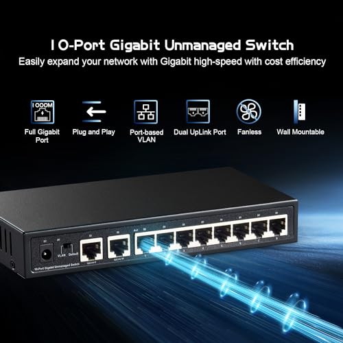 Binardat 10 Port Gigabit Ethernet Switch, 8 Ports 100/1000Mbps, 2 Gigabit Uplink, Support Vlan, Metal Case Unmanaged Plug and Play - Image 2