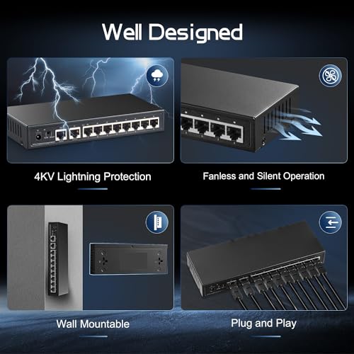 Binardat 10 Port Gigabit Ethernet Switch, 8 Ports 100/1000Mbps, 2 Gigabit Uplink, Support Vlan, Metal Case Unmanaged Plug and Play - Image 4