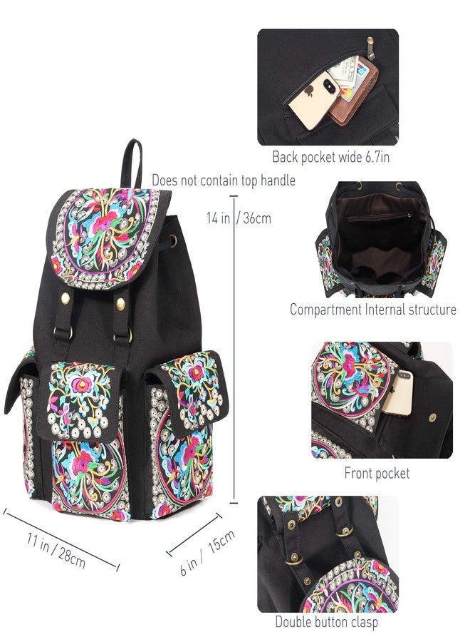 SIlkarea Vintage Embroidered Backpack Purse for Women Handbag Canvas Shoulder Bag Ethnic Boho Travel Backpack (Black S2) - Image 5