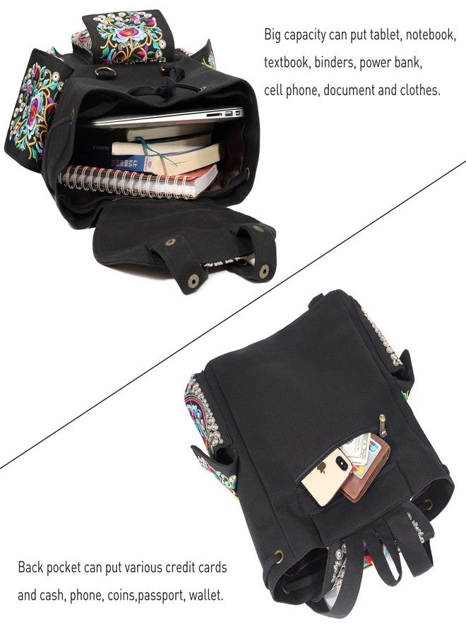 SIlkarea Vintage Embroidered Backpack Purse for Women Handbag Canvas Shoulder Bag Ethnic Boho Travel Backpack (Black S2) - Image 4