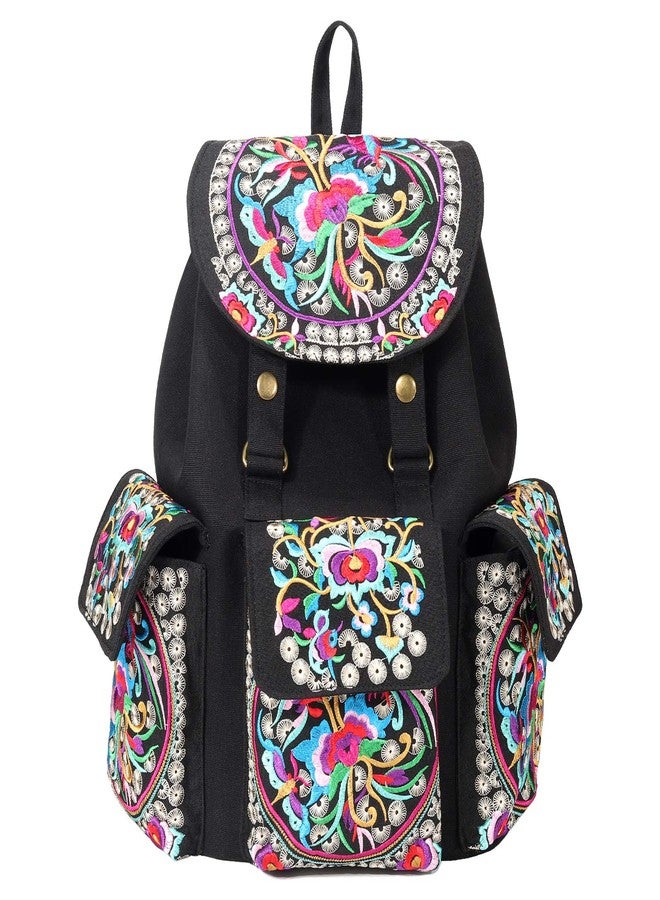 SIlkarea Vintage Embroidered Backpack Purse for Women Handbag Canvas Shoulder Bag Ethnic Boho Travel Backpack (Black S2) - Image 1