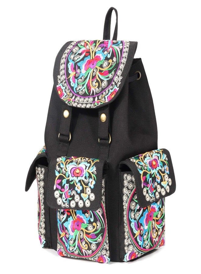SIlkarea Vintage Embroidered Backpack Purse for Women Handbag Canvas Shoulder Bag Ethnic Boho Travel Backpack (Black S2) - Image 2
