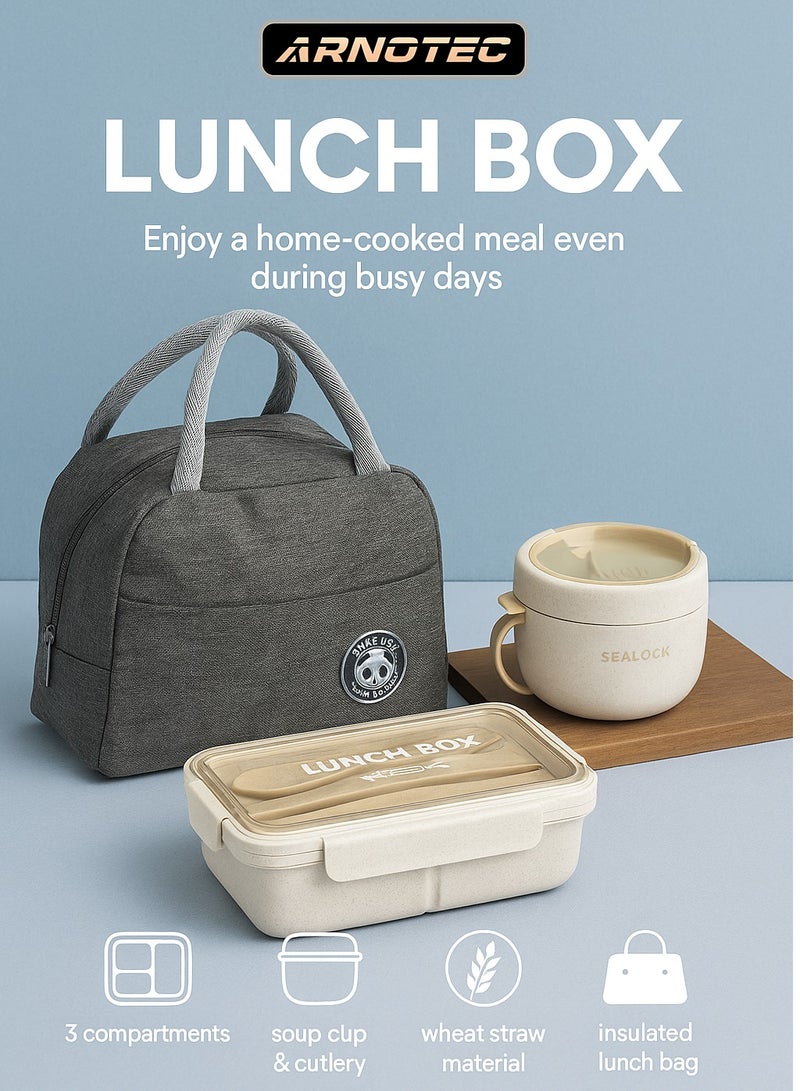 ARNOTEC Lunch Box Adults，Leak-proof Bento Box for Kids, Lunch Box Containers Durable for On-the-Go with Lunch Bag, Soop Cup, Spoon, Forks, Minimalist Design Food Storage Box (Khaki Set） - Image 1
