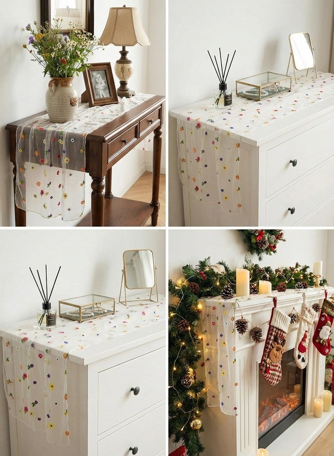 Wonesifee Lace Table Runner Embroidery Daisy Spring Summer 120inch 10ft Florals Seasonal Tulle Table Runners Cover Holiday Kitchen Dining WeddingTable Decoration for Home Party Indoor (White, 30" x 120") - Image 4