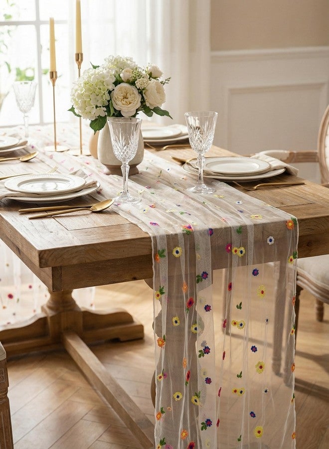 Wonesifee Lace Table Runner Embroidery Daisy Spring Summer 120inch 10ft Florals Seasonal Tulle Table Runners Cover Holiday Kitchen Dining WeddingTable Decoration for Home Party Indoor (White, 30" x 120") - Image 1