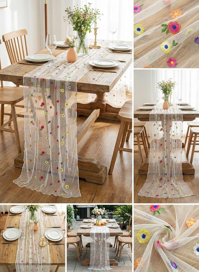Wonesifee Lace Table Runner Embroidery Daisy Spring Summer 120inch 10ft Florals Seasonal Tulle Table Runners Cover Holiday Kitchen Dining WeddingTable Decoration for Home Party Indoor (White, 30" x 120") - Image 2