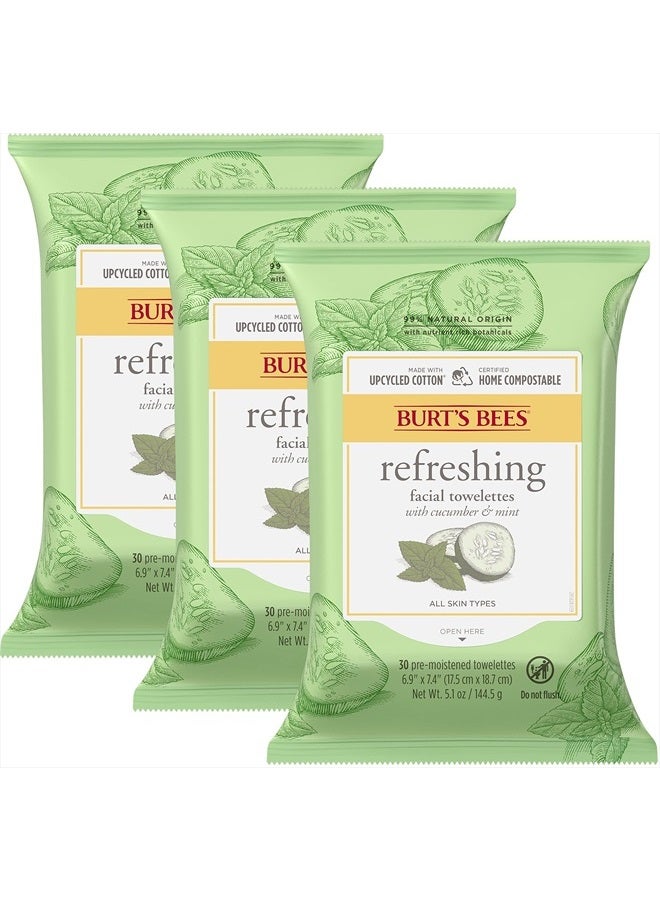 Burt's Bees مناديل الوجه، مزيل مكياج، مناديل تنظيف الوجه للبشرة الحساسة، مرطبة بالخيار والنعناع، 30 قطعة (عبوة من 3) - قد يختلف التغليف - Image 1