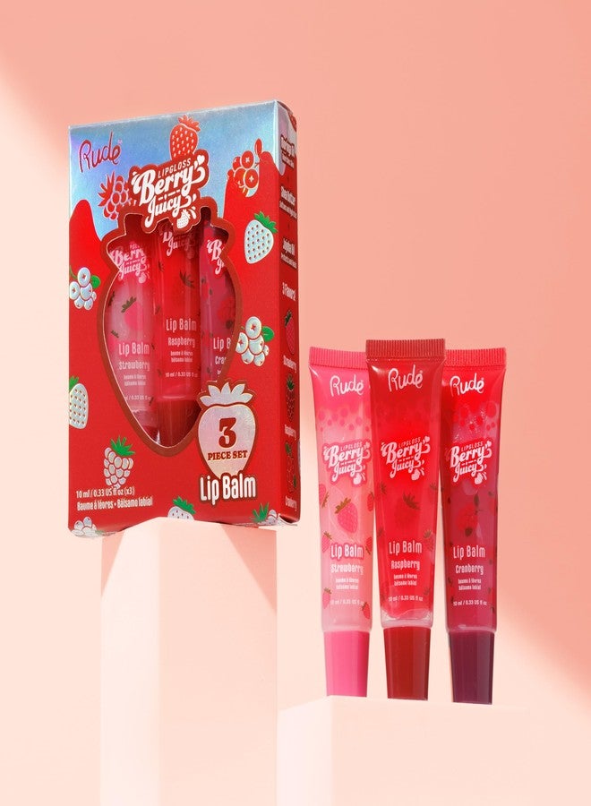 Rude Cosmetics Berry Juicy Lip Balm Trio Set - Tinted & Moisturizing Lip Treatment with Shea Butter & Jojoba Oil - Hydrating, Vegan & Cruelty-Free 3-Piece Value Pack (Strawberry/Raspberry/Cranberry - Image 1