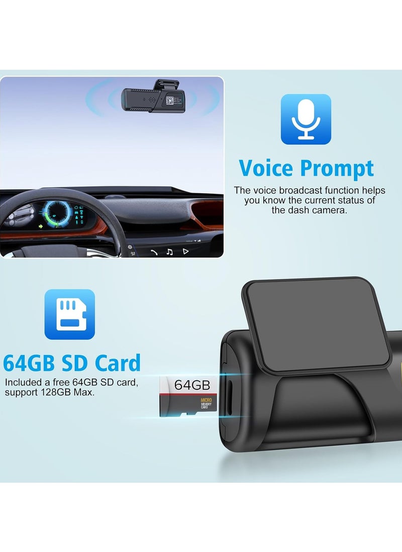 Generic - Dash Cam with 64G Card, WiFi 2K Dash Camera for Cars, Mini Car Camera, Dash Cam Front, 160° Wide Angle, Night Vision, Loop Recording, 24H Parking Monitor, Support 128GB Max - Image 1