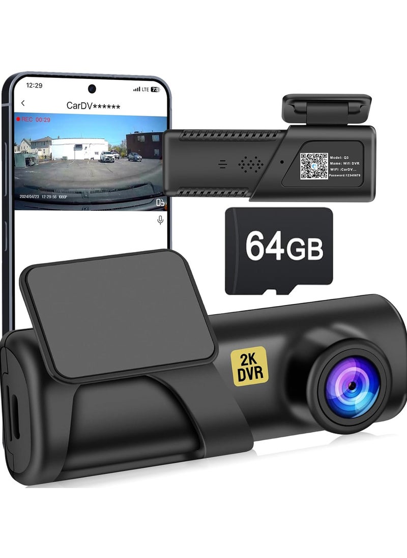 Generic - Dash Cam with 64G Card, WiFi 2K Dash Camera for Cars, Mini Car Camera, Dash Cam Front, 160° Wide Angle, Night Vision, Loop Recording, 24H Parking Monitor, Support 128GB Max - Image 1