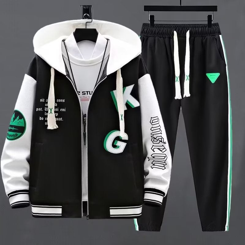 Thin Sweatshirt suit Boys Students Spring and Autumn Hooded Coat Pants with a Large Childrens Wear Two-Piece Loose W32 sweatshirt black + k4 pants (two-piece set)
