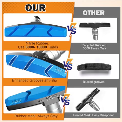 Alritz Bike Brake Pads Set, 6 PCS Road Mountain Bicycle V-Brake Blocks Shoes with Hex Nut and Shims, No Noise No Skid, 70mm, for Front and Back Wheel (Blue) - Image 2