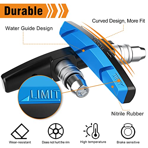 Alritz Bike Brake Pads Set, 6 PCS Road Mountain Bicycle V-Brake Blocks Shoes with Hex Nut and Shims, No Noise No Skid, 70mm, for Front and Back Wheel (Blue) - Image 3