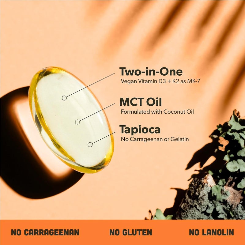 sapling مكمل فيتامين D3 K2 نباتي مع زيت MCT من جوز الهند 4000 وحدة دولية من فيتامين D و 100 ميكروغرام من فيتامين K2 كـ Mk7 دعم امتصاص الكالسيوم وقوة العظام وصحة المناعة 60 كبسولة لينة - Image 3