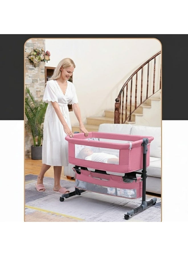 متجر ان زون سرير أطفال حديث الولادة من بيبي زون قابل لتعديل الارتفاع مع مسند رأس قابل للتعديل، جانبي قابل للفتح، شبكة ناموسية قابلة للفصل، ورف سفلي ومرتبة ناعمة بعجلات دوارة 360 درجة، للرضع حديثي الولادة-زهري - Image 3
