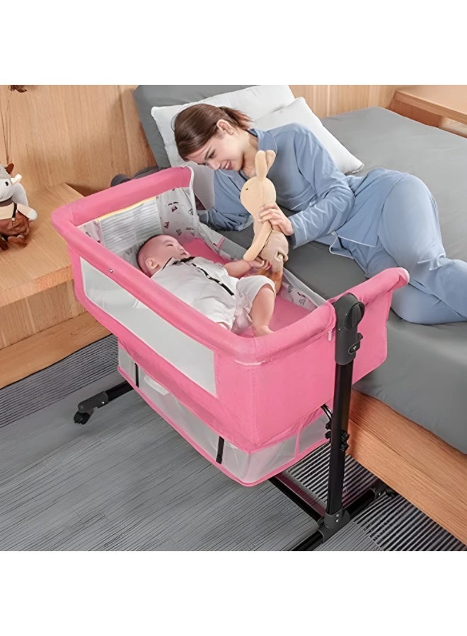 متجر ان زون سرير أطفال حديث الولادة من بيبي زون قابل لتعديل الارتفاع مع مسند رأس قابل للتعديل، جانبي قابل للفتح، شبكة ناموسية قابلة للفصل، ورف سفلي ومرتبة ناعمة بعجلات دوارة 360 درجة، للرضع حديثي الولادة-زهري - Image 4