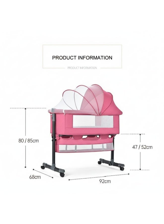 متجر ان زون سرير أطفال حديث الولادة من بيبي زون قابل لتعديل الارتفاع مع مسند رأس قابل للتعديل، جانبي قابل للفتح، شبكة ناموسية قابلة للفصل، ورف سفلي ومرتبة ناعمة بعجلات دوارة 360 درجة، للرضع حديثي الولادة-زهري - Image 5