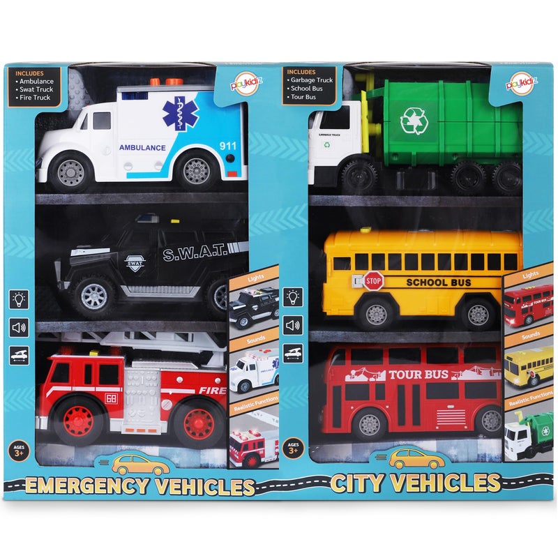 Playkidiz Toy Cars for Toddlers 6Pcs Pull Back Cars Toys with Light and Sounds City and emergency vehicles set Including Police Car Fire Truck Ambulance School bus Tour Bus Garbage Truck - Image 3