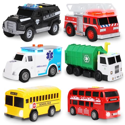 Playkidiz Toy Cars for Toddlers 6Pcs Pull Back Cars Toys with Light and Sounds City and emergency vehicles set Including Police Car Fire Truck Ambulance School bus Tour Bus Garbage Truck - Image 5
