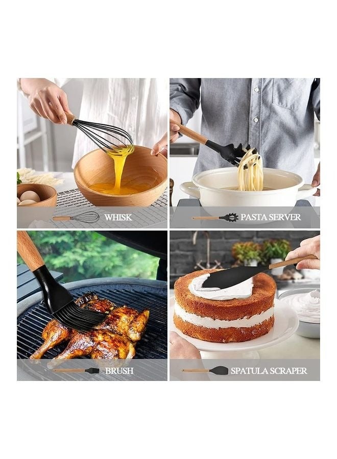 Set of 12 Silicone Cooking Utensils and Spatulas with Wooden Handles Heat Resistant for Non-Stick Cookware Black - Image 3