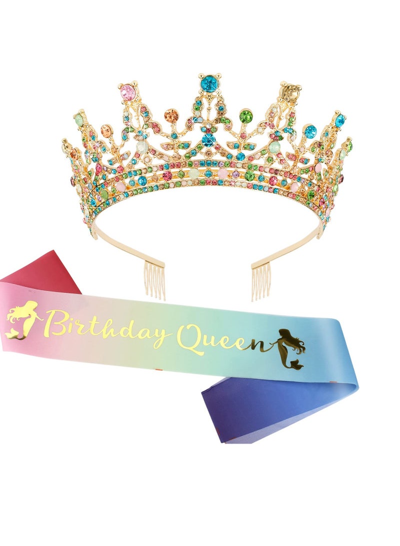 Zikra Birthday Tiara and Crown for Women Rhinestone Tiara and Sash Happy Birthday Hair Accessories Glitter Princess Sashes Crystal Crown for Girls - Image 1