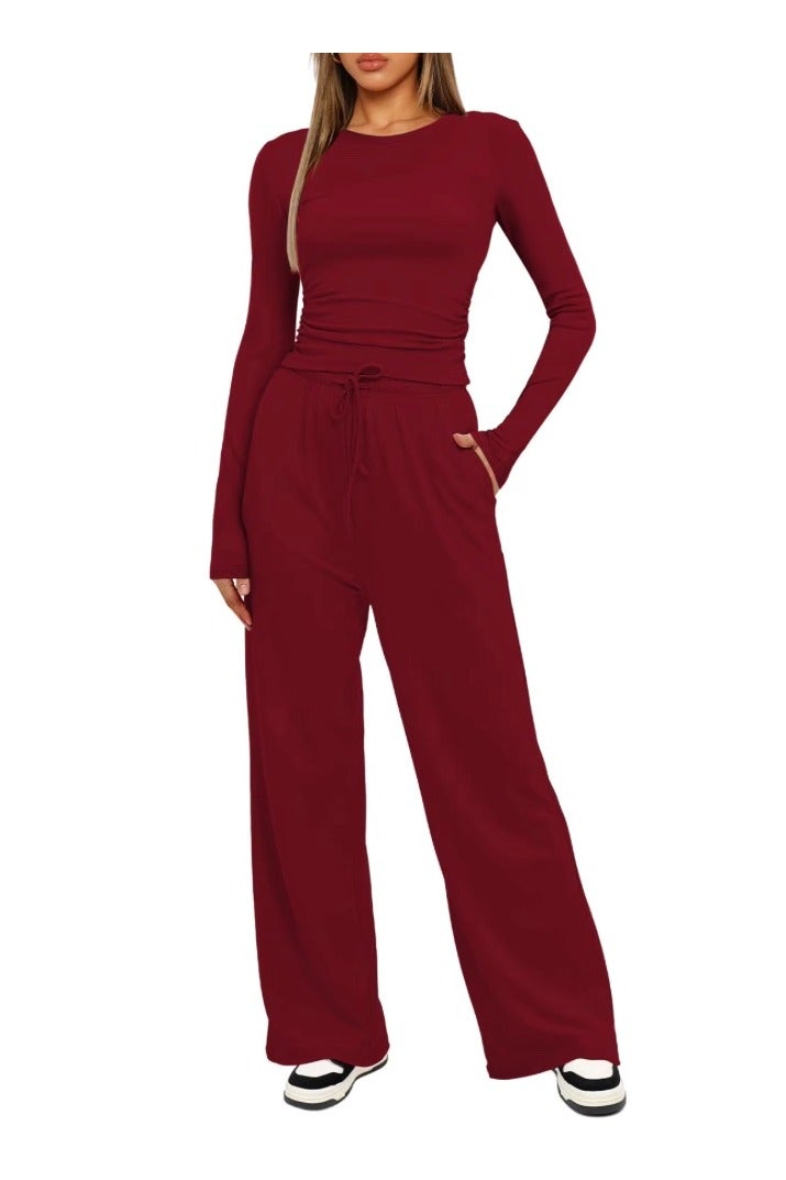SOLOBUY Pyjamas Set Jersy Women's Long-Sleeved, Elastic Waist, Collar Round, Pants, Color Red - Image 1