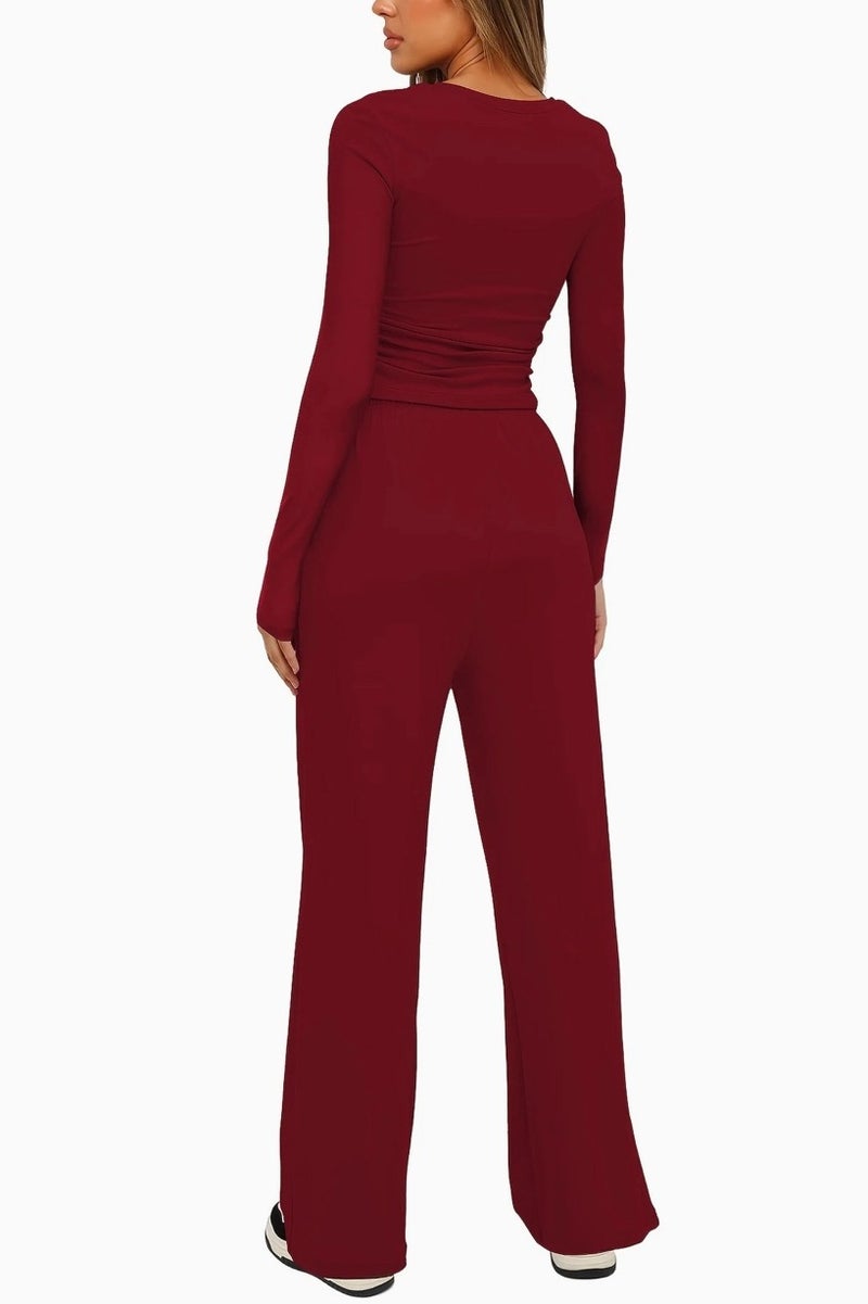 SOLOBUY Pyjamas Set Jersy Women's Long-Sleeved, Elastic Waist, Collar Round, Pants, Color Red - Image 2