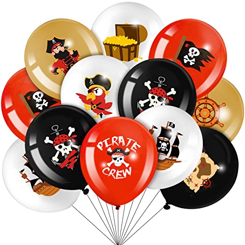 Harrycle 45 Pcs Pirate Party Balloons Red Black White Latex Balloons Set Round Caribbean Gold Skull Pirate Ship Sea Sailing Decoration for Birthday Party Halloween Supplies - Image 1