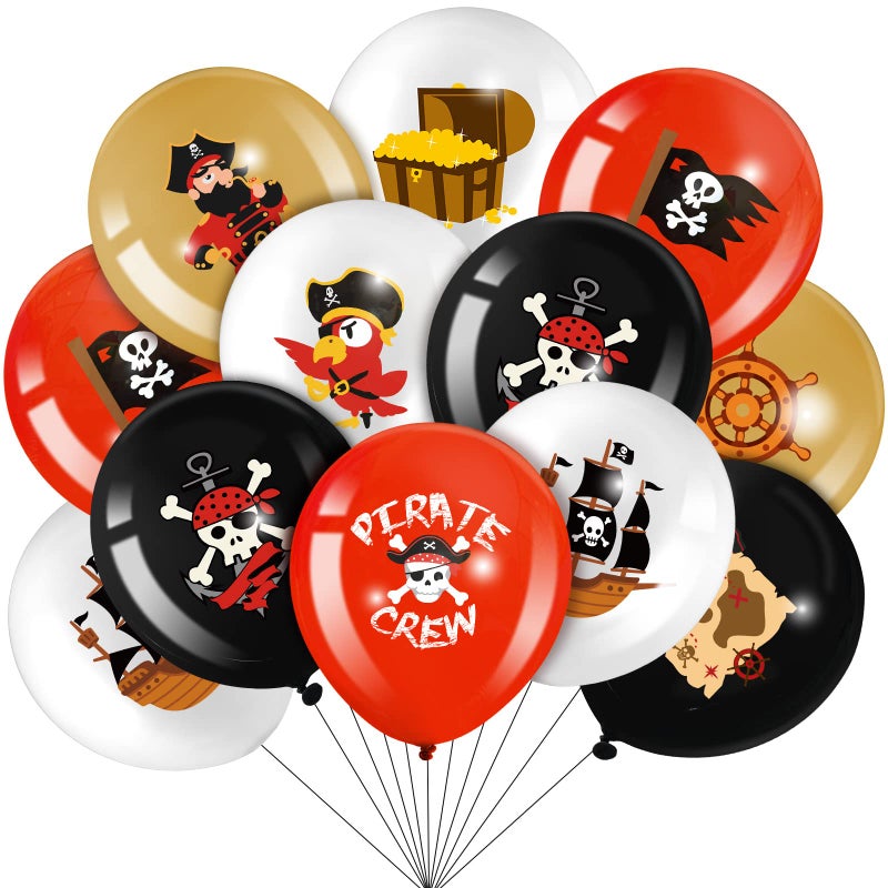 Harrycle 45 Pcs Pirate Party Balloons Red Black White Latex Balloons Set Round Caribbean Gold Skull Pirate Ship Sea Sailing Decoration for Birthday Party Halloween Supplies - Image 2