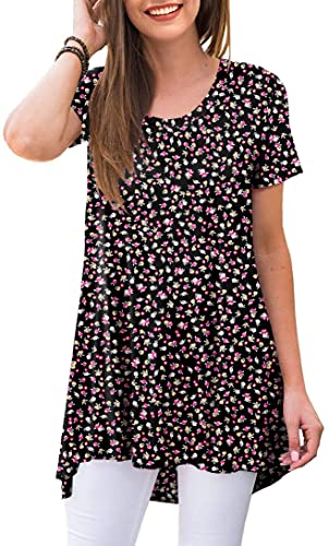 POPYOUNG Women's Plus Size Summer Long Tunic Top To Wear With Leggings Short Sleeve Shirt Loose Fit Dressy XXL, Small Flower Black - Image 1