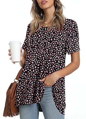POPYOUNG Women's Plus Size Summer Long Tunic Top To Wear With Leggings Short Sleeve Shirt Loose Fit Dressy XXL, Small Flower Black - Image 2