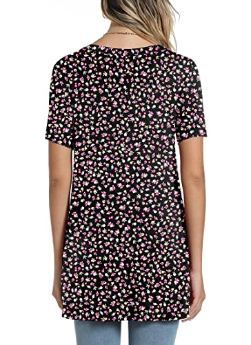 POPYOUNG Women's Plus Size Summer Long Tunic Top To Wear With Leggings Short Sleeve Shirt Loose Fit Dressy XXL, Small Flower Black - Image 3