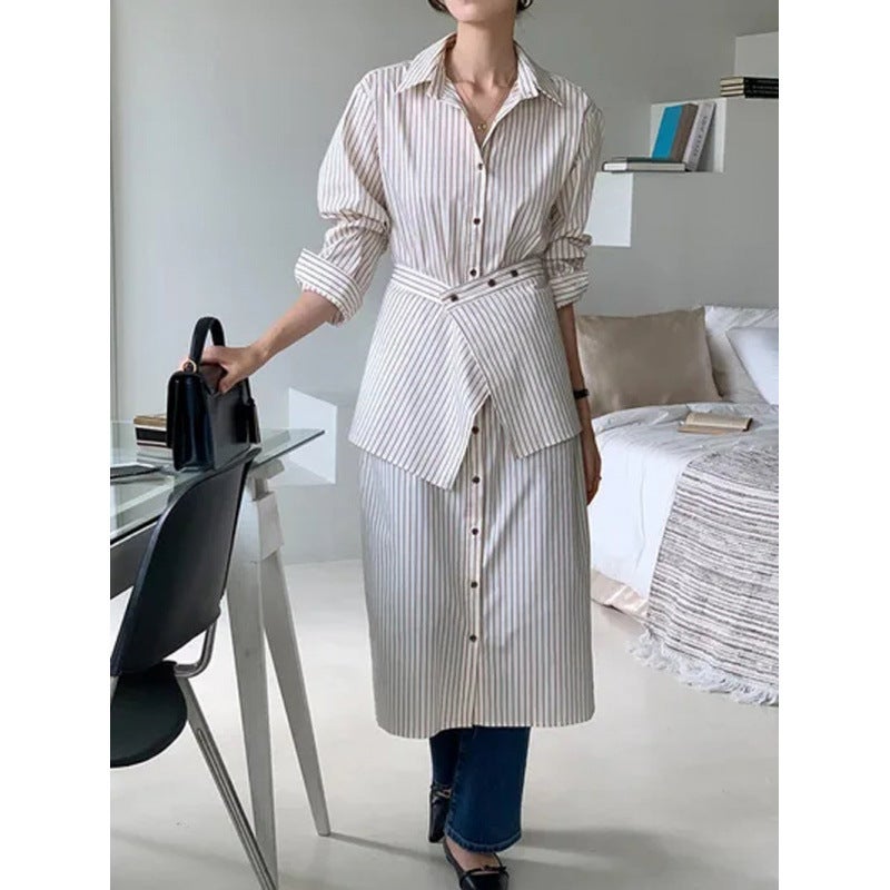 Size Updated South Korea French Temperament Apron Sense Striped Dress Two-Piece Set - Image 4