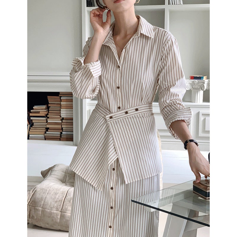 Size Updated South Korea French Temperament Apron Sense Striped Dress Two-Piece Set - Image 2