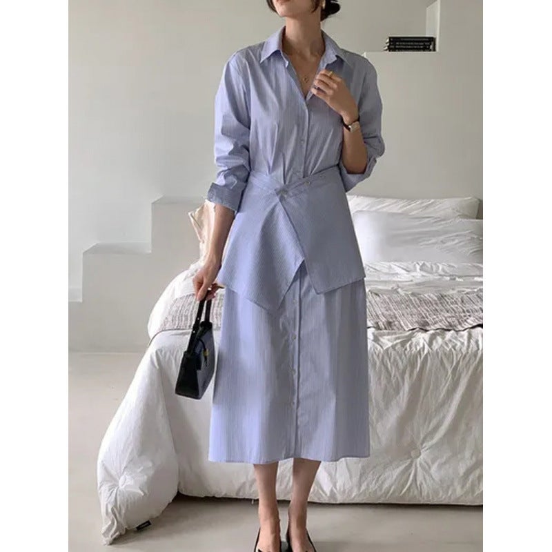 Size Updated South Korea French Temperament Apron Sense Striped Dress Two-Piece Set - Image 1