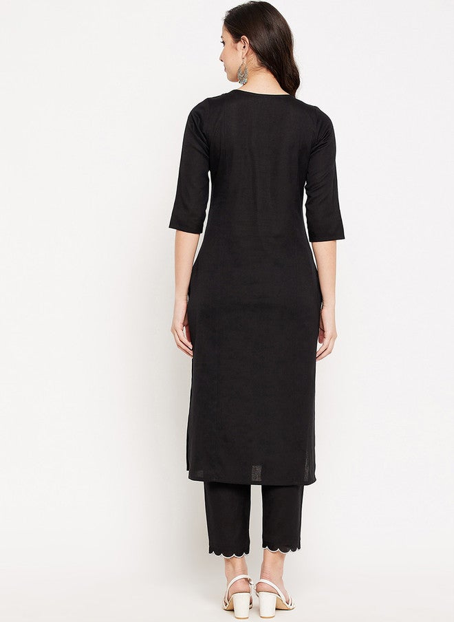 WineRed Black Embroidered Pure Cotton Kurta with Trousers for Women - Image 5
