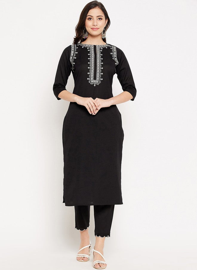WineRed Black Embroidered Pure Cotton Kurta with Trousers for Women - Image 1