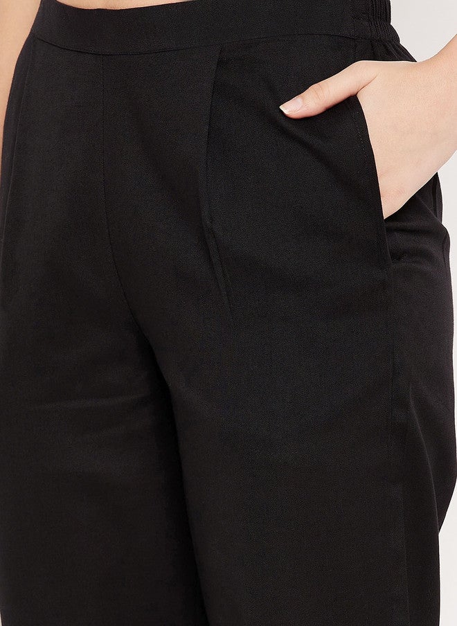 WineRed Black Embroidered Pure Cotton Kurta with Trousers for Women - Image 3