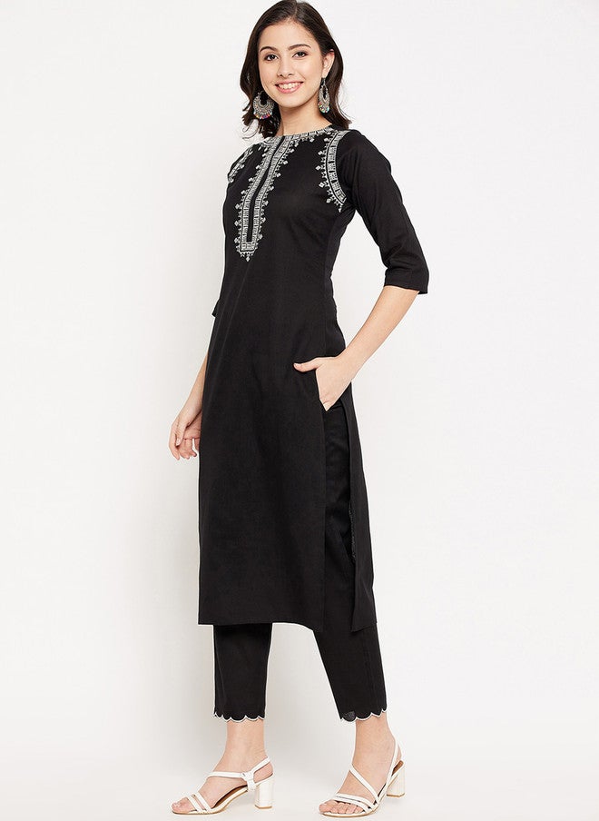 WineRed Black Embroidered Pure Cotton Kurta with Trousers for Women - Image 4