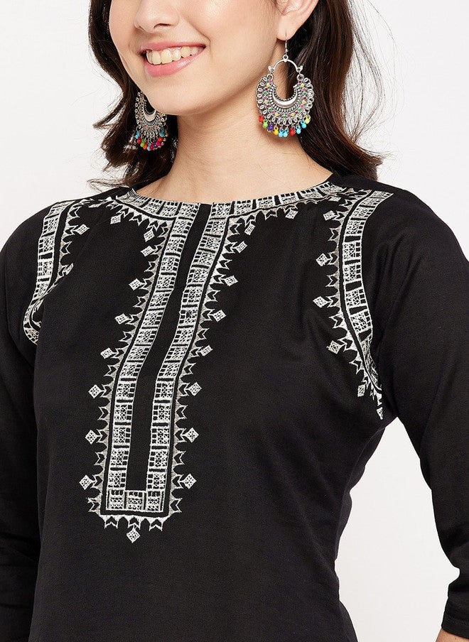 WineRed Black Embroidered Pure Cotton Kurta with Trousers for Women - Image 2