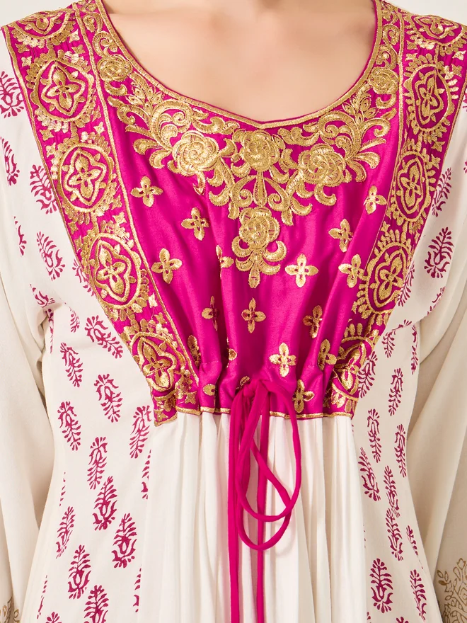 Maxim Creation Maxim Creation Pink Embroidered Detail Cream Maxi Jalabiya